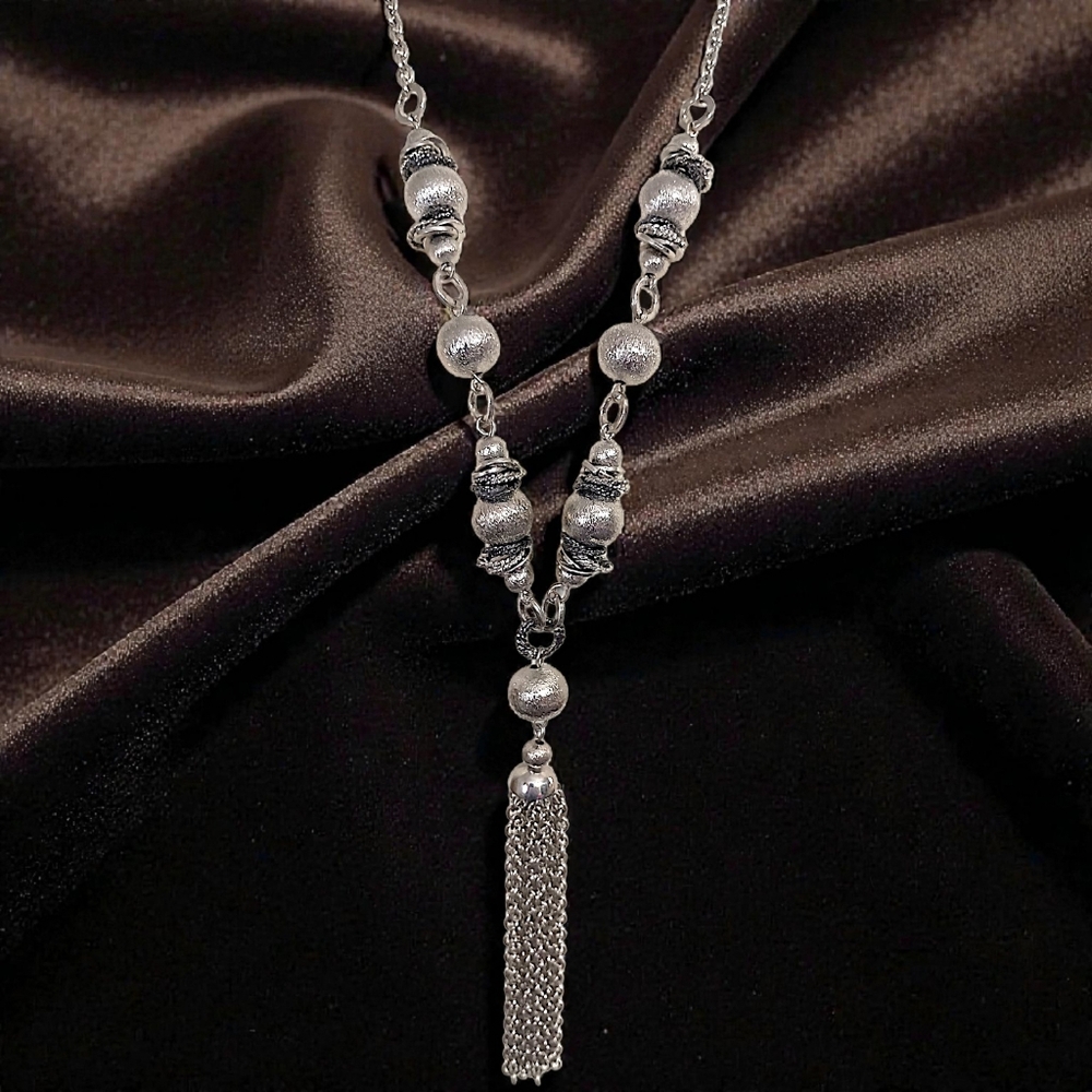 Y Drop Beaded Tassel Chain Necklace Bohemian‎ Western Witchy Silver Tone Gypsy